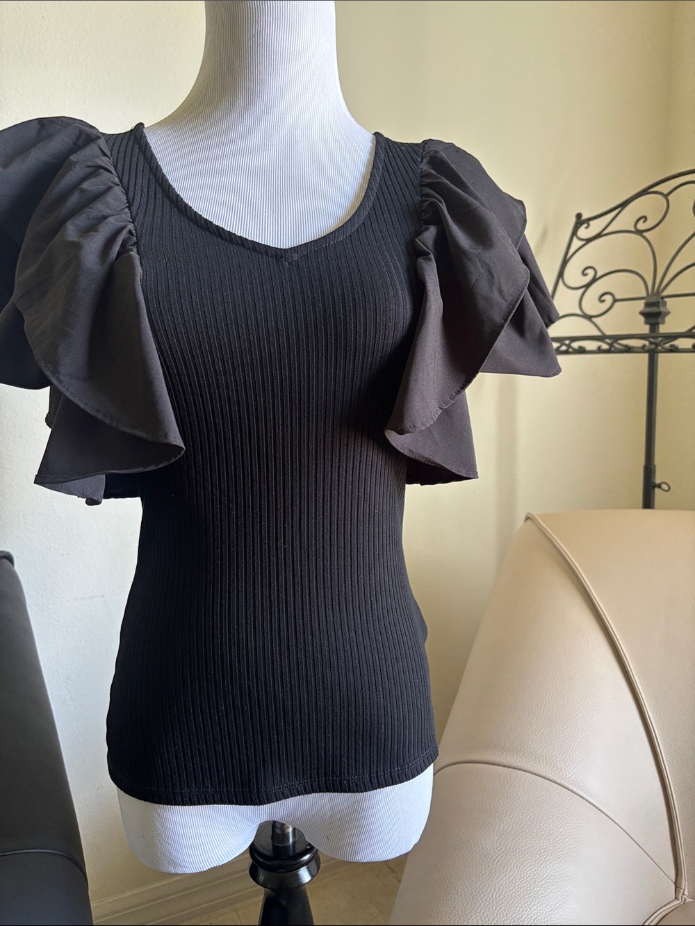 Haute Monde Black Ribbed Knit Top with Statement Ruffle Sleeves